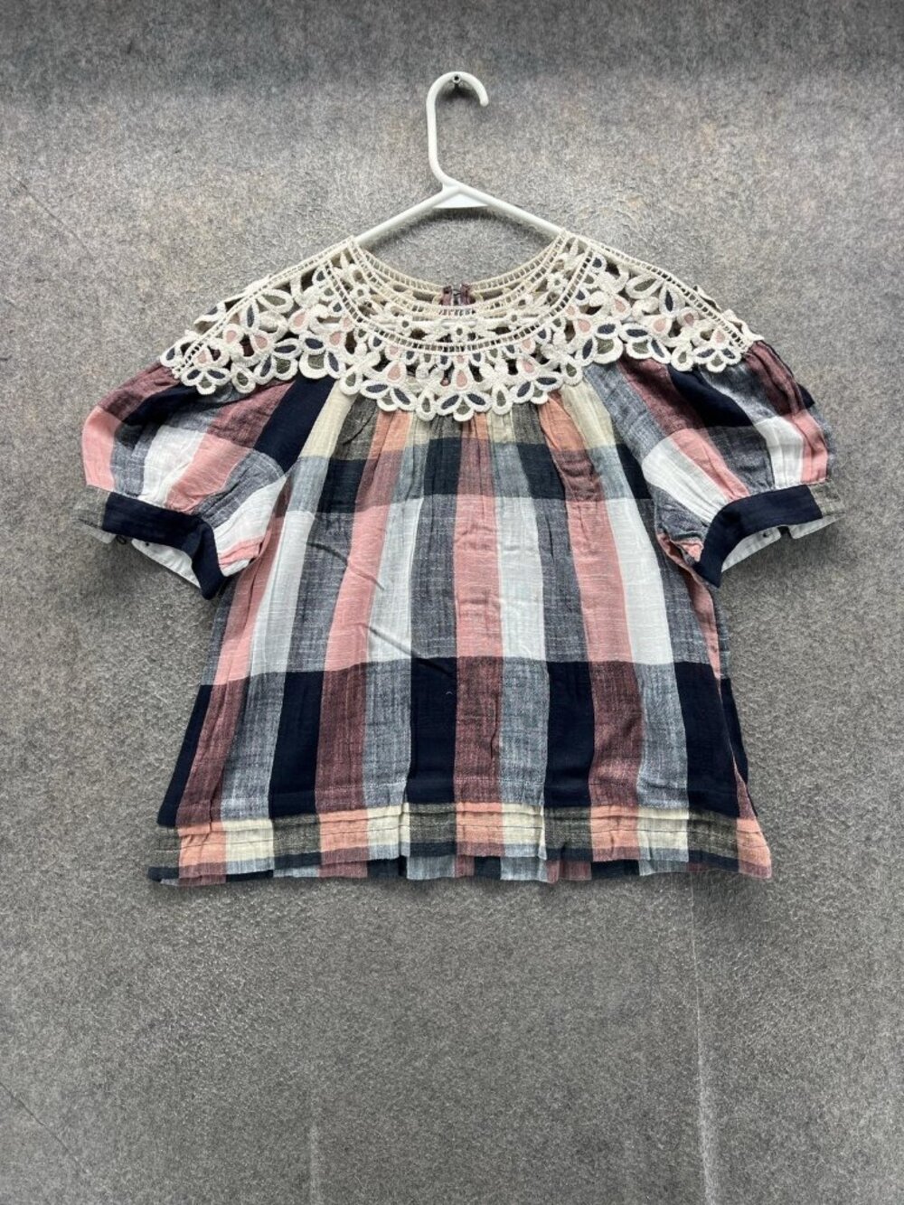 Anthropologie Blouse Women Medium Multicolor Stripe Crochet Yoke Short Sleeve